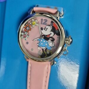 Vintage Minnie Mouse Disney Store Watch New Open Box Pink Rhinestone Flowers